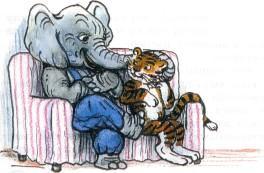 Сказка: Песенка для карнавала (иллюстрации: Сутеев В.) звери слоненок слон и тигренок в кресле