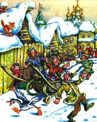 Емеля едет на печи по улице