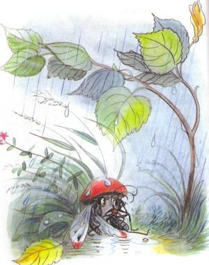 Сказка: Под грибом (иллюстрации: Сутеев В.) бабочка и муравей под грибом дождь