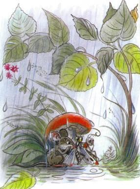 Сказка: Под грибом (иллюстрации: Сутеев В.) мышка бабочка и муравей под грибом дождь