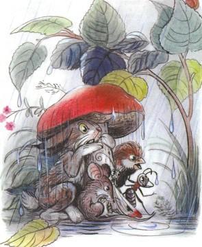 Сказка: Под грибом (иллюстрации: Сутеев В.) под грибом заяц мышка воробей муравей бабочка