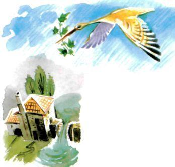 аист летит над водянной мельницей