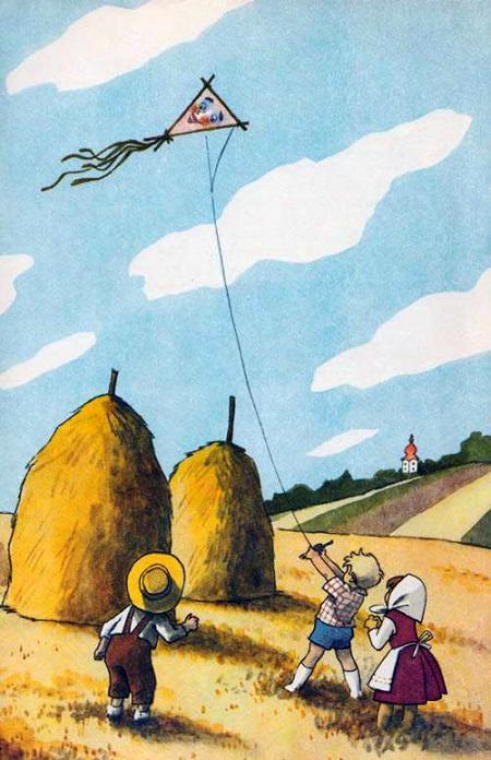 дети запускают воздушного змея в небо