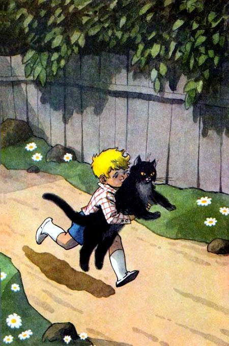 Мальчик Гонзик несет черного кота