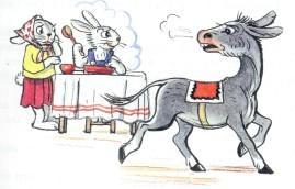 осел ослик заяц за столом обедает ужинает зайчиха 