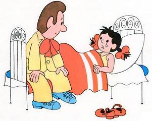 девочка в кровати Фантик рядом