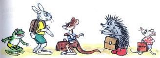 Сказка: Прыгающий домик (иллюстрации: Сутеев В.) заяц ежик кенгуру  лягушонок с портфелями в школу