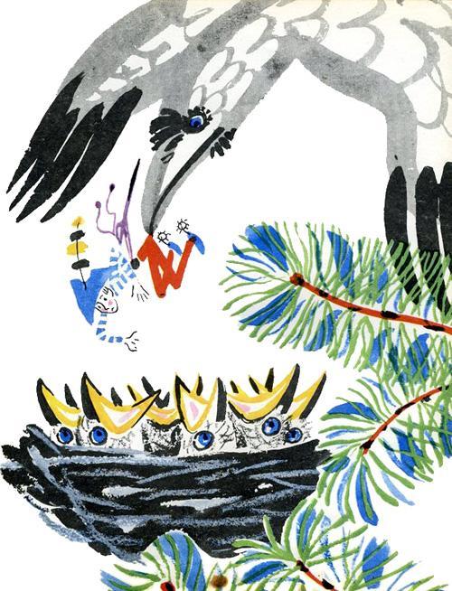 ворона принесла  Бибигона в клюве в гнездо