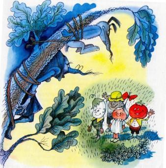 сказка-повесть: Приключения Чиполлино Мистера Моркоу и собаку держи-хватай поймали привязав к дереву друзья