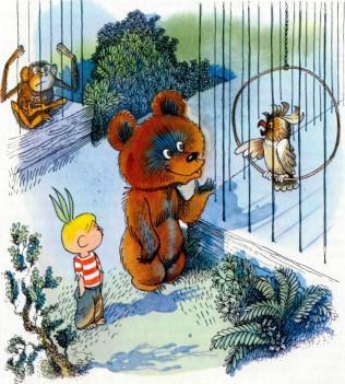 сказка-повесть: Приключения Чиполлино Чиполлино и медведь в зоопарке у клетки попугая