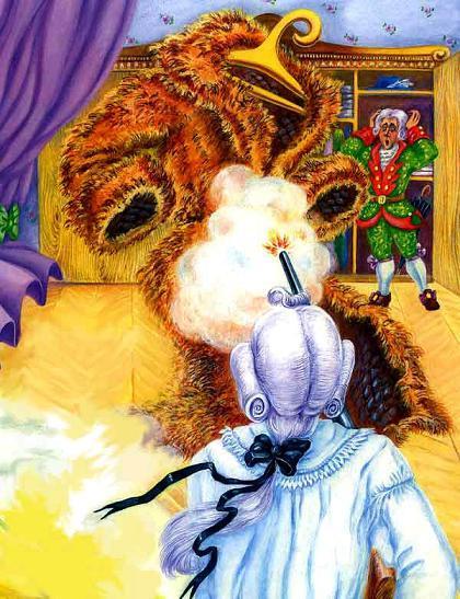 Барон Мюнхгаузен  стреляет из ружья во взбесившуюся шубу