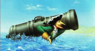 барон Мюнхаузен несет пушку на плечах в воде