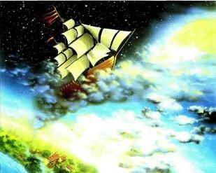 корабль барона Мюнхаузена плывет к луне