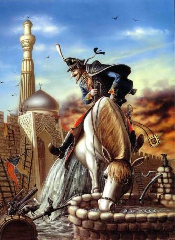 барон Мюнхаузен поит половину лошади вода вытекает сзади