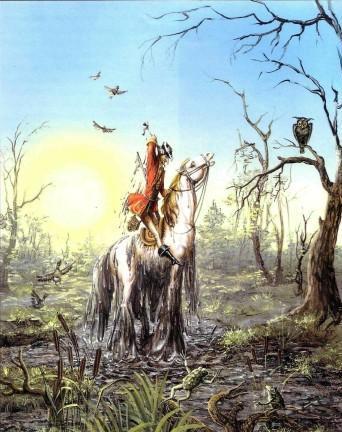 барон Мюнхаузен вытаскивает себя и лошадь из болота на волосы