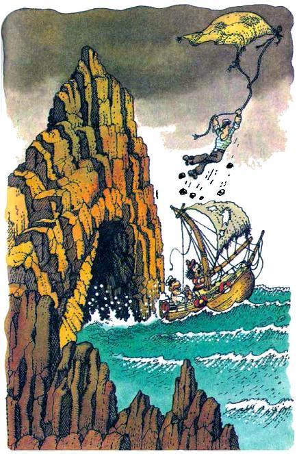 капитан Врунгель и Фукс пытаются удержать Лома которого сдуло с борта и подняло в небо