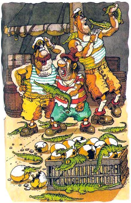 капитан Врунгель, Лом и Фукс в трюме корабля вылупились крокодилы из яиц