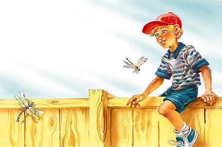 Петька перелазит через забор