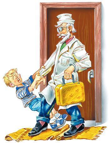 Детский Доктор с жёлтым чемоданчиком и мальчик тащит за руку
