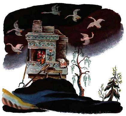 Привередница и братец спрятались в печи от Гусей-лебедей