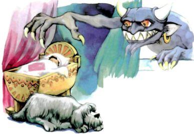 черт у кроватки ребенка и пес