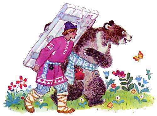 Иванушка-дурачок несет дверь  и медведь