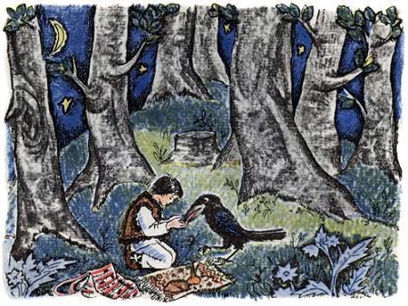 мальчик кормит ворона