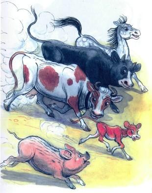 Сказка: Про козленка который умел считать до десяти (иллюстрации: Сутеев В.) бык теленок корова лошадь и свинья бегут за козленком погоня