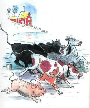 Сказка: Про козленка который умел считать до десяти (иллюстрации: Сутеев В.) бык корова теленок лошадь свинья бегут за козленком причал корабль