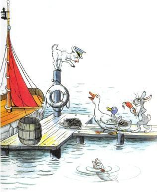Сказка: Про козленка который умел считать до десяти (иллюстрации: Сутеев В.) козленок на причале на паруснике на корабле