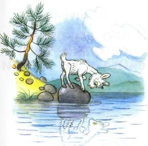 Сказка: Про козленка который умел считать до десяти (иллюстрации: Сутеев В.) козленок у озера отражение в воде