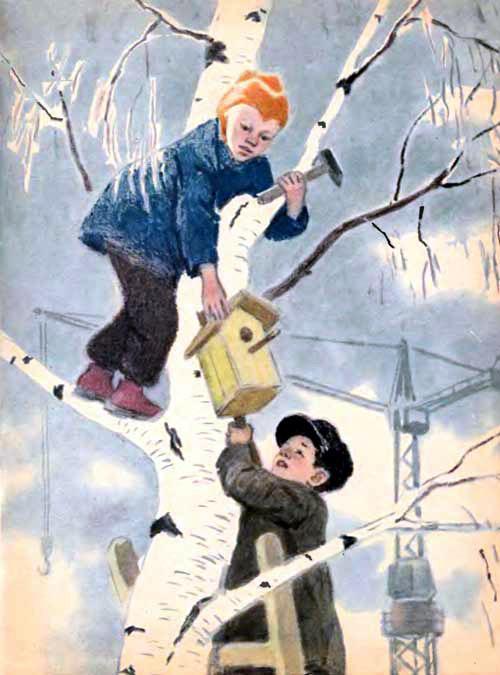 Птичьи домики (рассказ) дети вешают на дерево скворечник