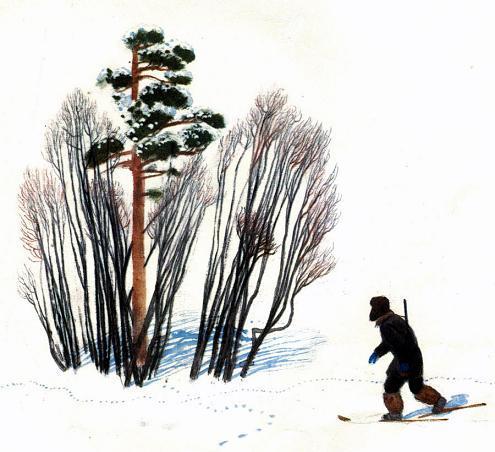 на снегу в лесу на лыжах