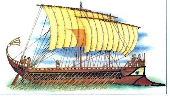 На триере были прямоугольные паруса, что позволяло ей двигаться по ветру,