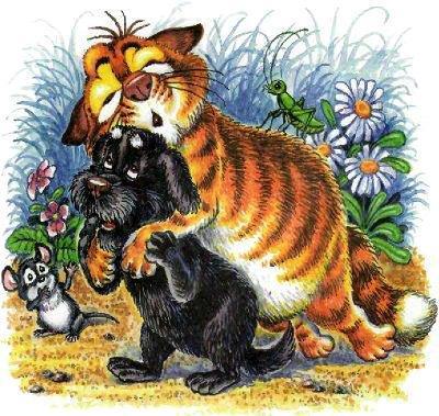 Как Пузик и Тузик раскрыли заговор (сказка) кот Пузик на плечах и пёс Тузик волочит его