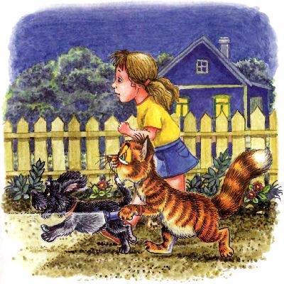 Как Пузик и Тузик раскрыли заговор (сказка) кот Пузик и пёс Тузик и девочка Дуся бегут по улице ночью с фонариком