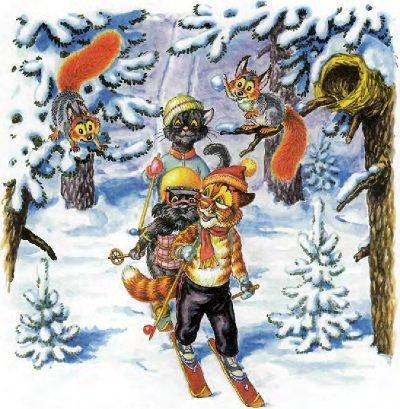 Как Пузик и Тузик раскрыли заговор (сказка) кот Пузик и пёс Тузик и Кошка бегут по лесу на лыжах