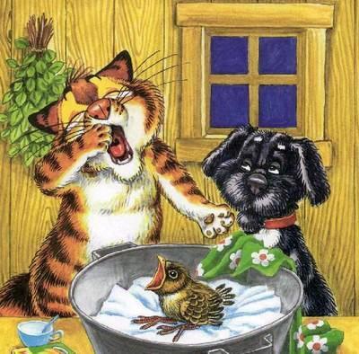 Как подружились Пузик и Тузик (сказка) птенец разбудил кота Пузика и пса Тузика