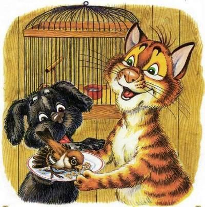 Как подружились Пузик и Тузик (сказка) кот Пузик и пёс Тузик кормят птенца