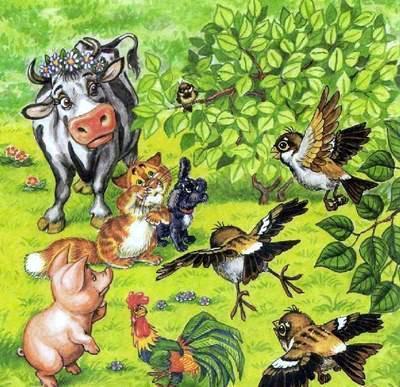 кот Пузик и пёс Тузик и подросший птенец с друзьями