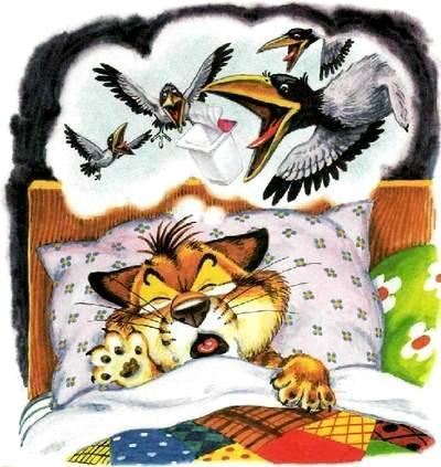 кот Пузик лежит в кровати и считает ворон