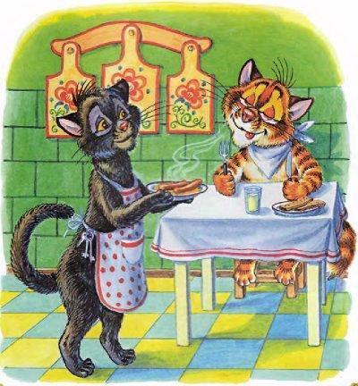 кошка несет вареные сосиски коту Пузику