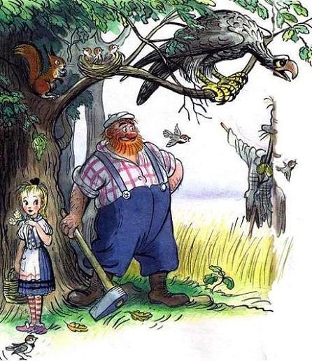 человек с топором и девочка у дерева на ветке орел и гнездо