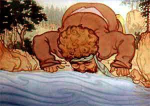 Рыбка Гульдор (сказка) Великан наклонился к реке и стал пить воду.