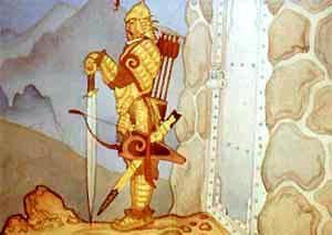 Рыбка Гульдор (сказка) стоит стражник с саблей за поясом.