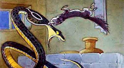 Рикки-Тикки-Тави (сказка) Он сделал прыжок. Голова змеи лежала чуть-чуть на отлете; прокусив ее зубами, Рикки-Тикки мог упереться спиной в выступ глиняного кувшина и не дать голове подняться с земли.