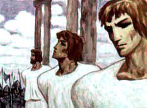 Три сына вдовы, связанные  веревками  по  рукам  и  ногам,  стояли  под виселицами