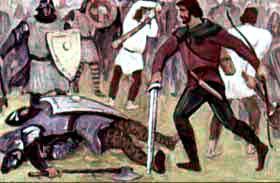 Робин, прорвав кольцо нападавших, с такой силой ударил мечом одного  из стражников