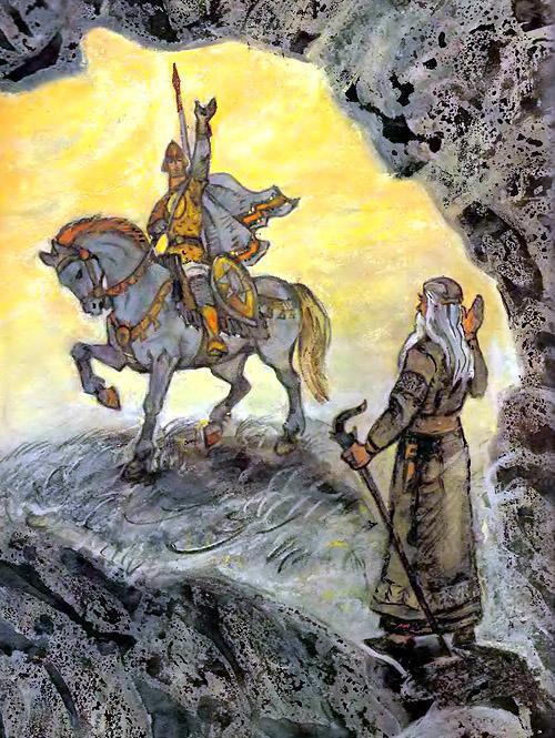 Руслан верхом на коне прощается со старцем