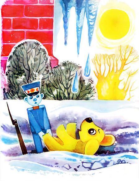 игрушечный пёсик и солдатик на улице